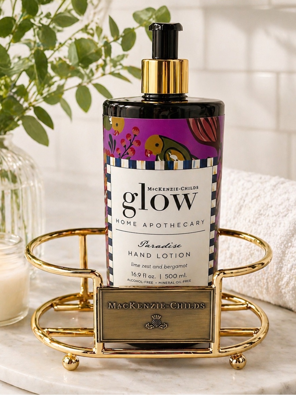 MacKenzie-Childs Glow Paradise Hand Lotion + Gold Caddy (No Soap) NEW